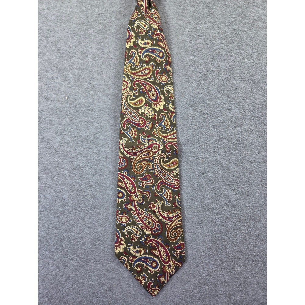 Lands End Mens Paisley Silk Necktie OS Olive Green Burgundy Preppy Classic